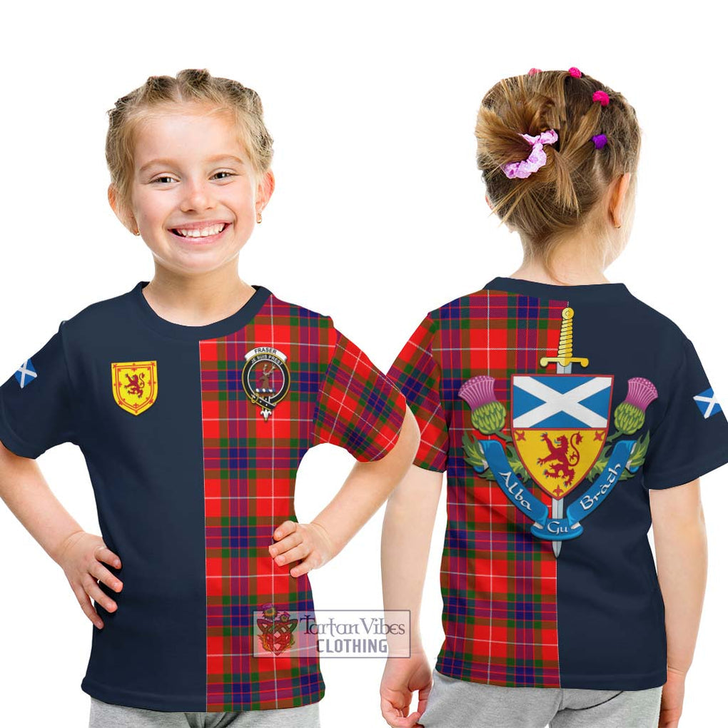 Tartan Vibes Clothing Fraser Modern Tartan Kid T-Shirt with Scottish Lion Royal Arm Half Style