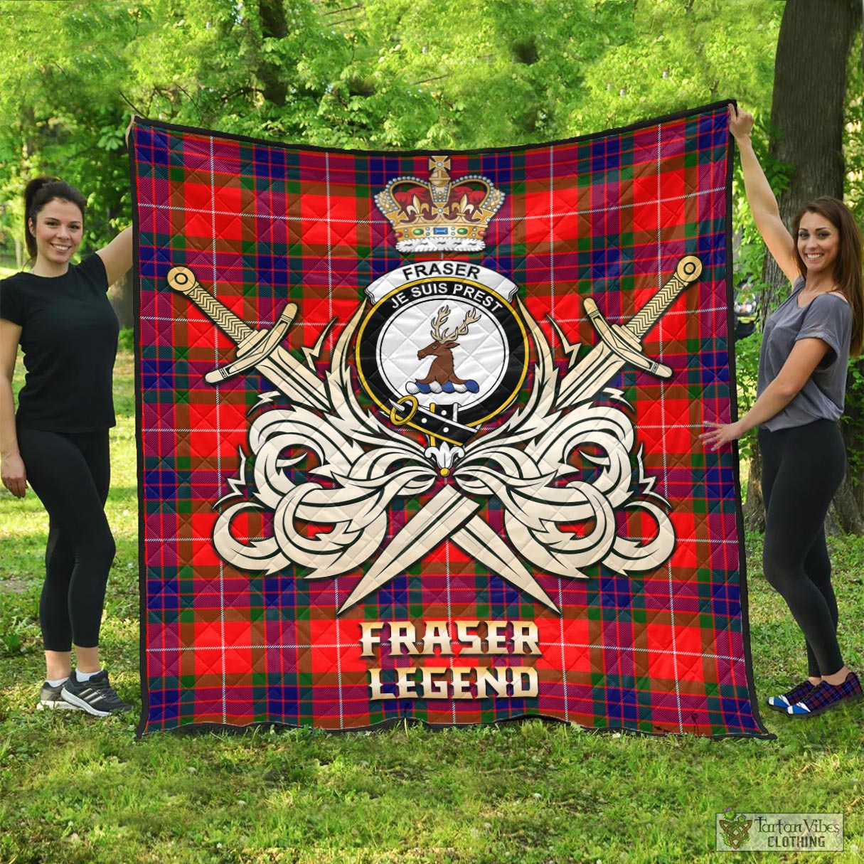 Tartan Vibes Clothing Fraser Modern Tartan Quilt with Clan Crest and the Golden Sword of Courageous Legacy