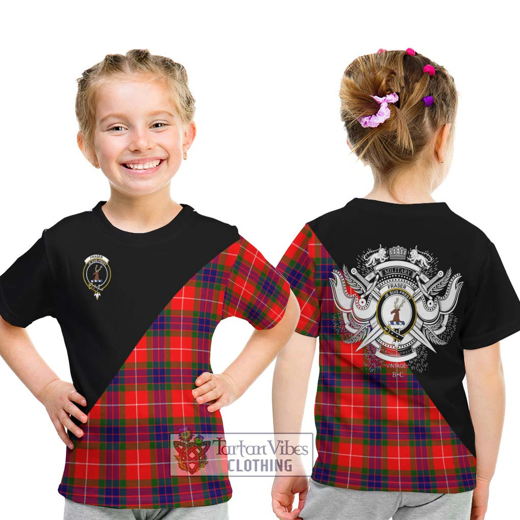 Fraser Modern Tartan Kid T-Shirt with Family Crest and Military Logo Style - Tartanvibesclothing Shop