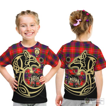 Fraser Modern Tartan Kid T-Shirt with Family Crest Celtic Wolf Style