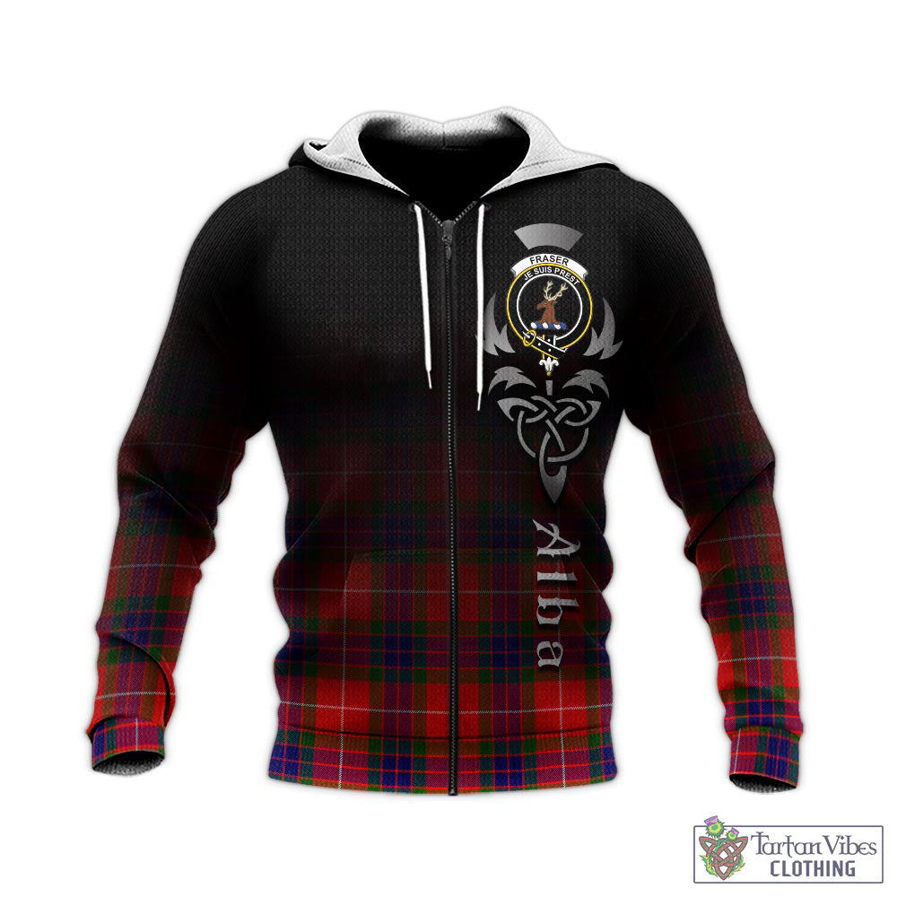 Tartan Vibes Clothing Fraser Modern Tartan Knitted Hoodie Featuring Alba Gu Brath Family Crest Celtic Inspired