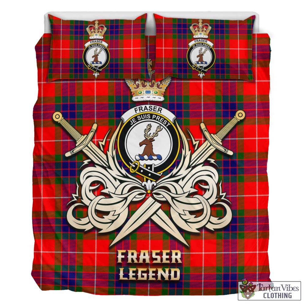 Tartan Vibes Clothing Fraser Modern Tartan Bedding Set with Clan Crest and the Golden Sword of Courageous Legacy