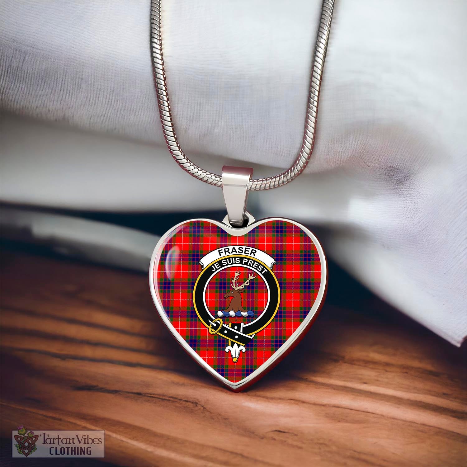 Tartan Vibes Clothing Fraser Modern Tartan Heart Necklace with Family Crest