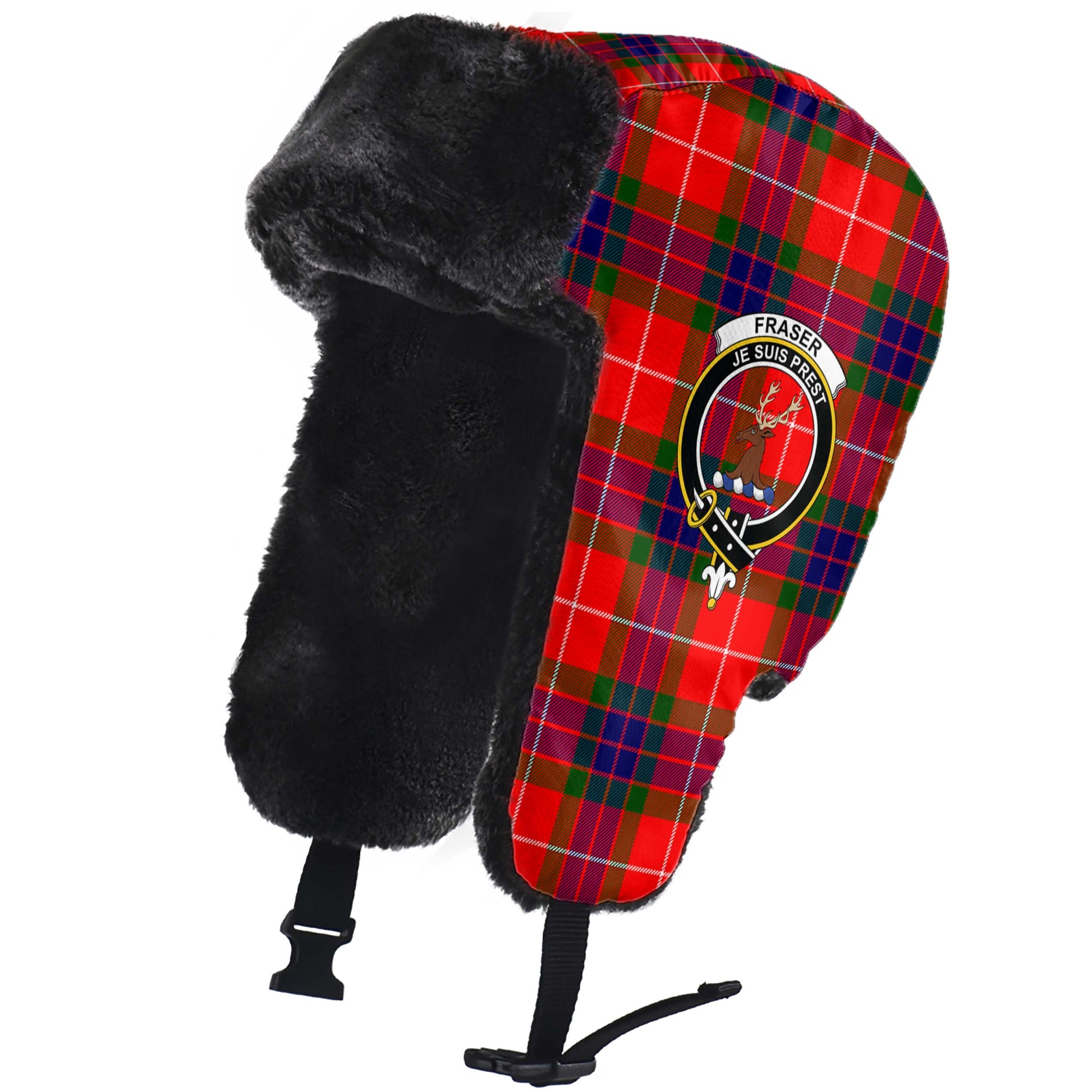 Fraser Modern Tartan Winter Trapper Hat with Family Crest - Tartanvibesclothing