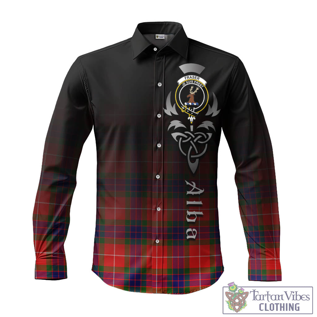 Tartan Vibes Clothing Fraser Modern Tartan Long Sleeve Button Up Featuring Alba Gu Brath Family Crest Celtic Inspired