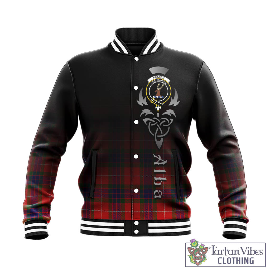 Tartan Vibes Clothing Fraser Modern Tartan Baseball Jacket Featuring Alba Gu Brath Family Crest Celtic Inspired