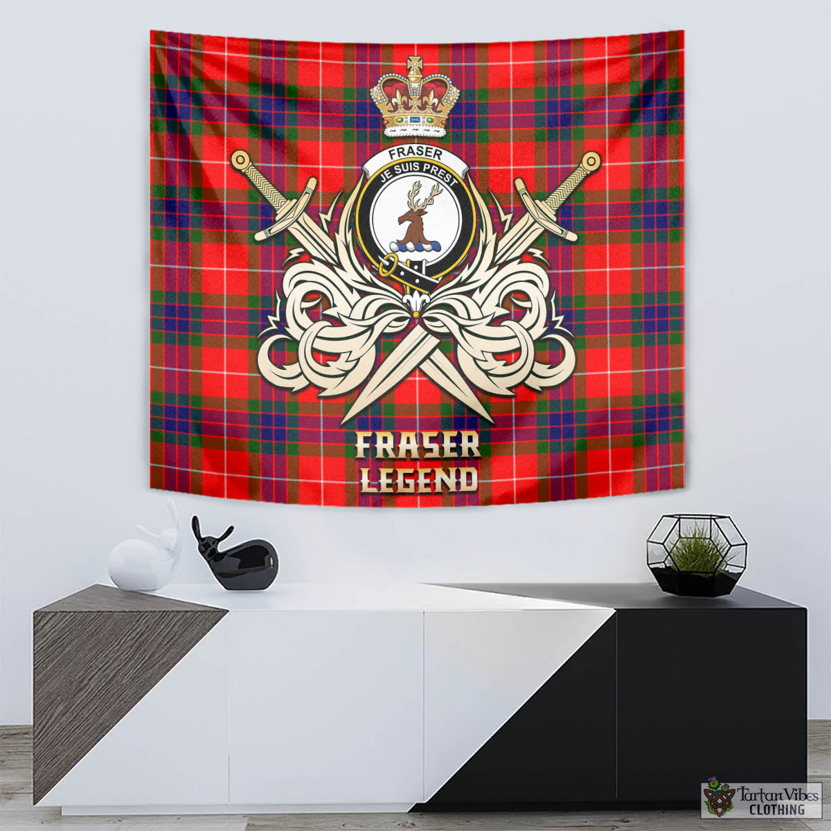 Tartan Vibes Clothing Fraser Modern Tartan Tapestry with Clan Crest and the Golden Sword of Courageous Legacy