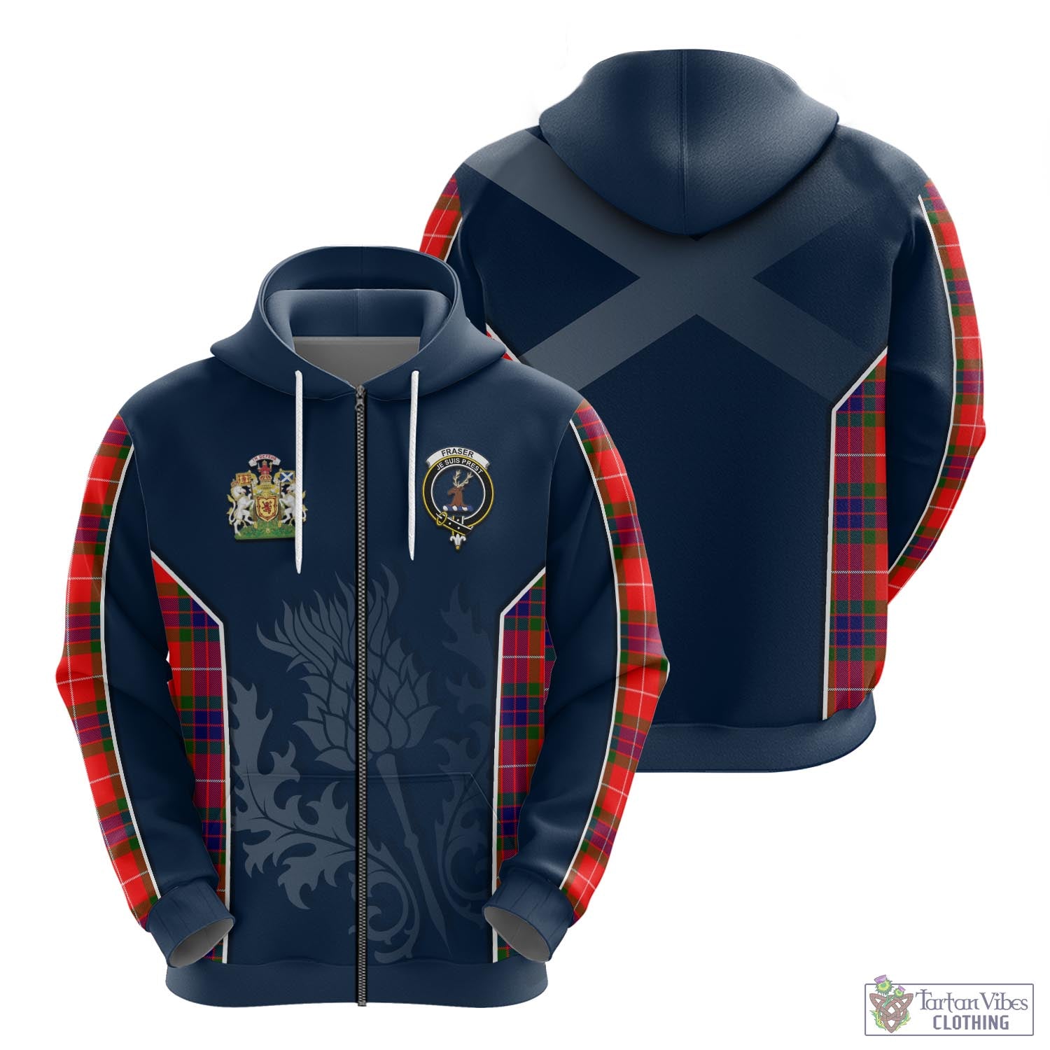 Tartan Vibes Clothing Fraser Modern Tartan Hoodie with Family Crest and Scottish Thistle Vibes Sport Style