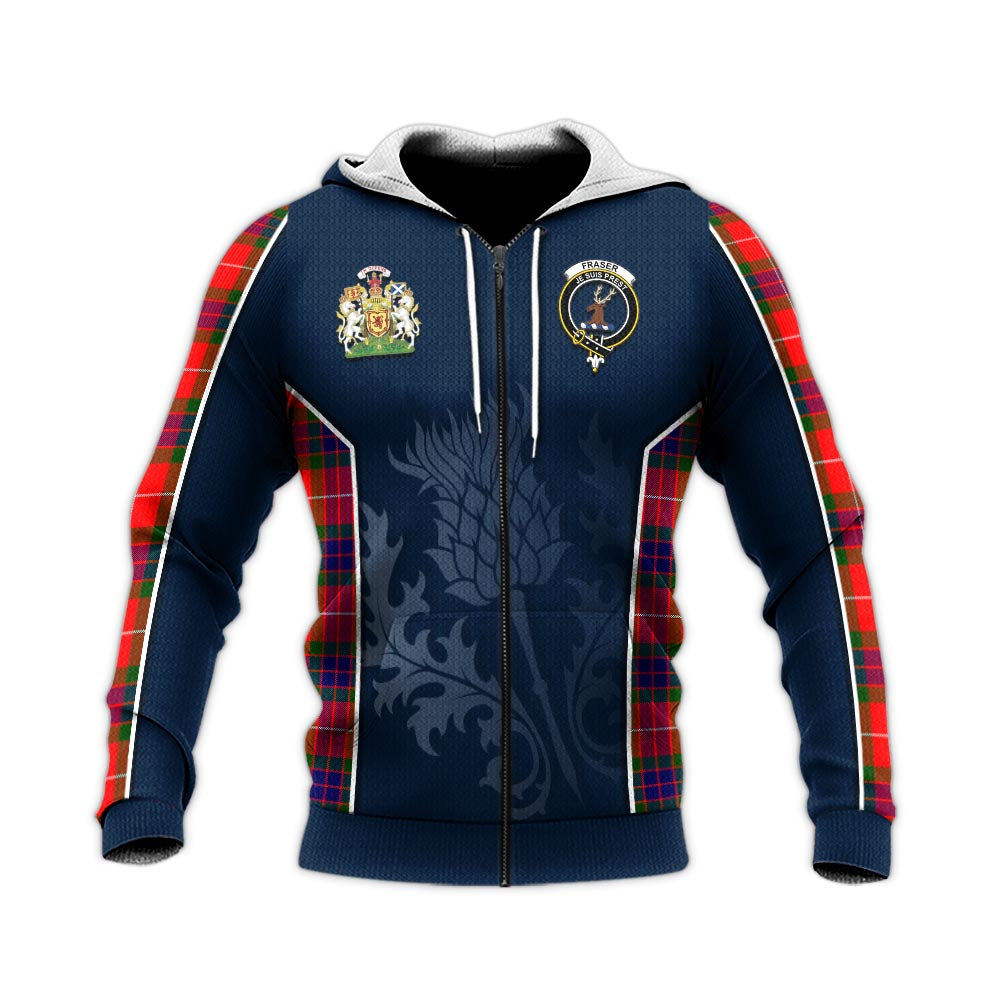 Tartan Vibes Clothing Fraser Modern Tartan Knitted Hoodie with Family Crest and Scottish Thistle Vibes Sport Style