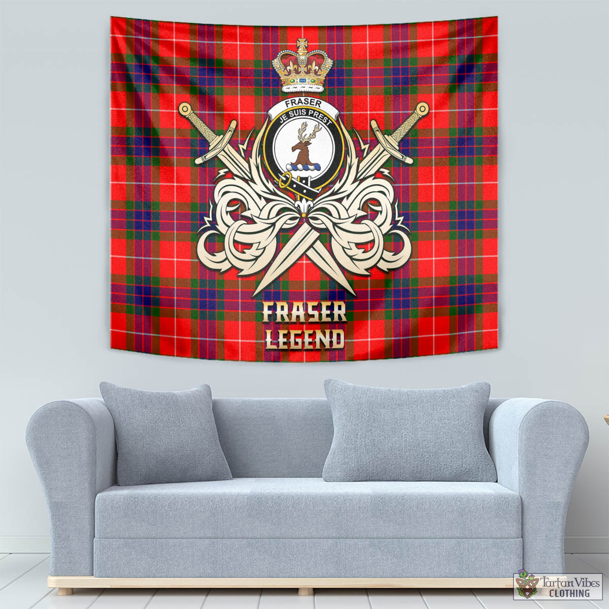 Tartan Vibes Clothing Fraser Modern Tartan Tapestry with Clan Crest and the Golden Sword of Courageous Legacy