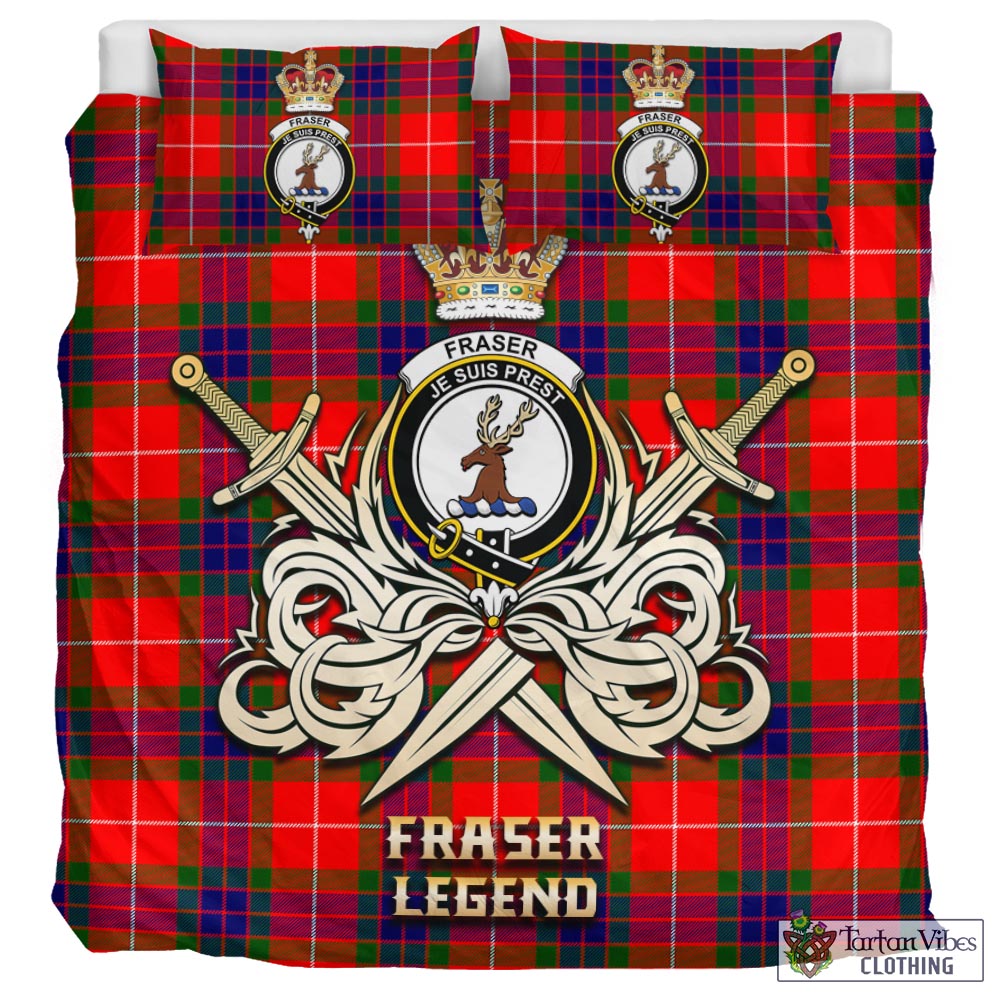 Tartan Vibes Clothing Fraser Modern Tartan Bedding Set with Clan Crest and the Golden Sword of Courageous Legacy