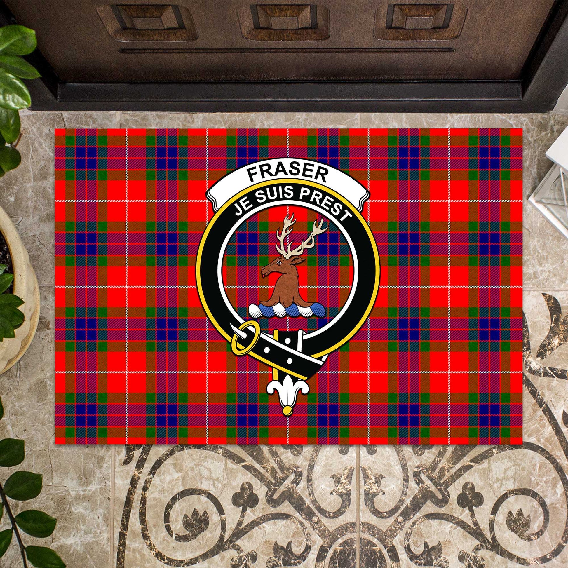 Fraser Modern Tartan Door Mat with Family Crest - Tartanvibesclothing