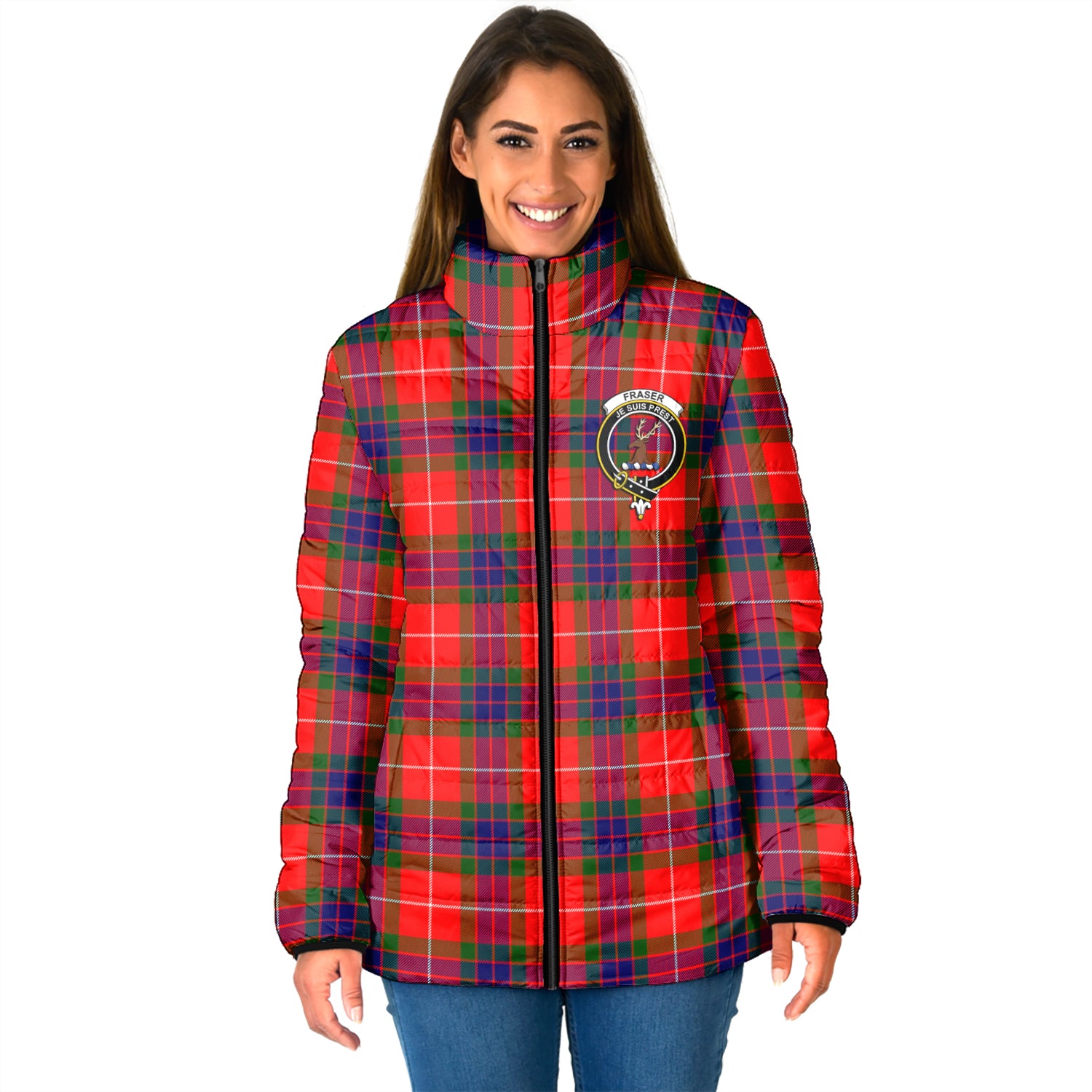 Fraser Modern Tartan Padded Jacket with Family Crest - Tartan Vibes Clothing