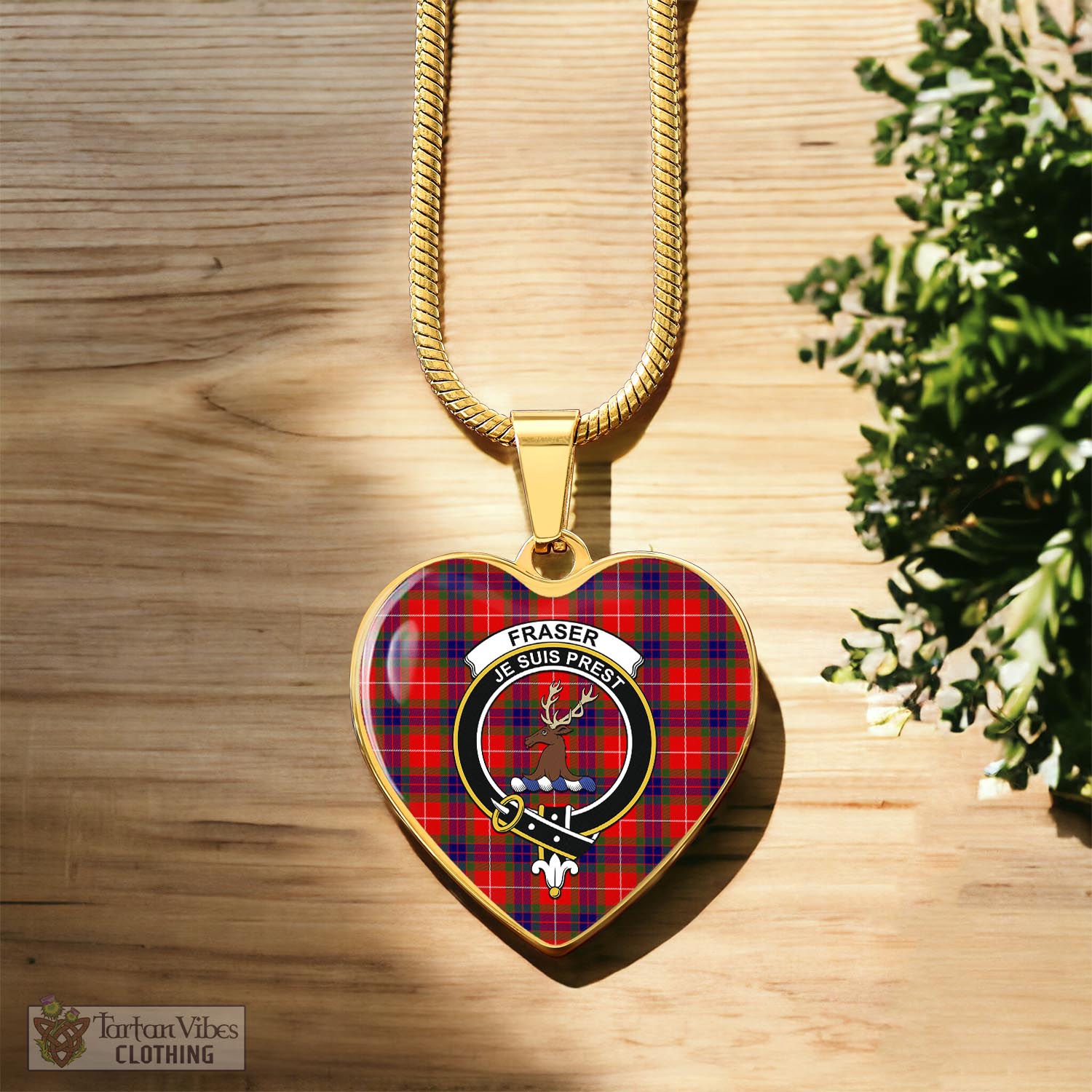 Tartan Vibes Clothing Fraser Modern Tartan Heart Necklace with Family Crest