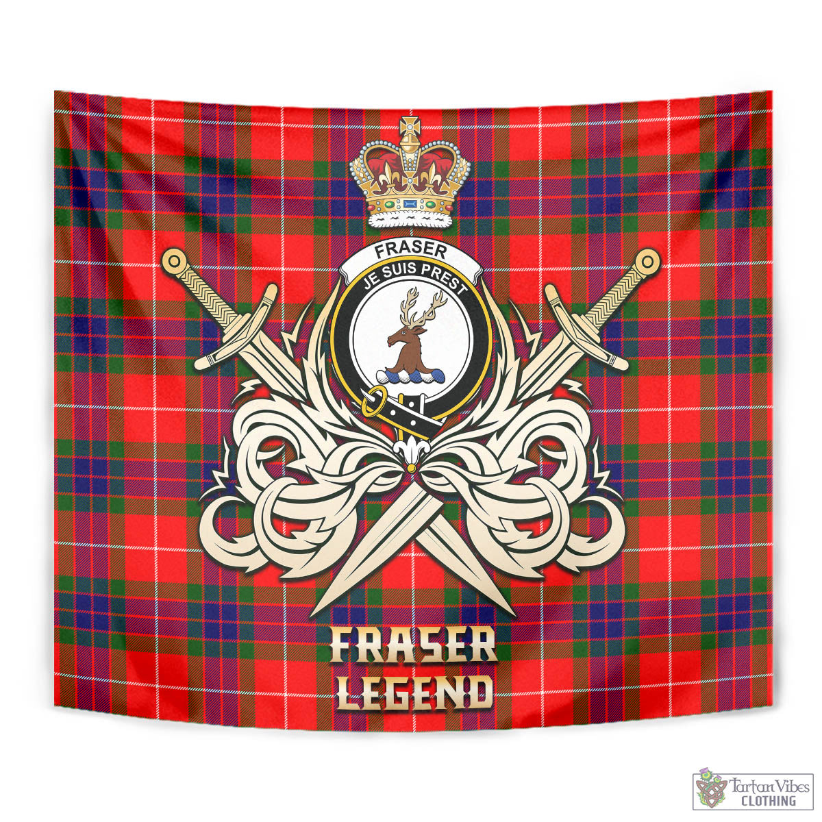 Tartan Vibes Clothing Fraser Modern Tartan Tapestry with Clan Crest and the Golden Sword of Courageous Legacy