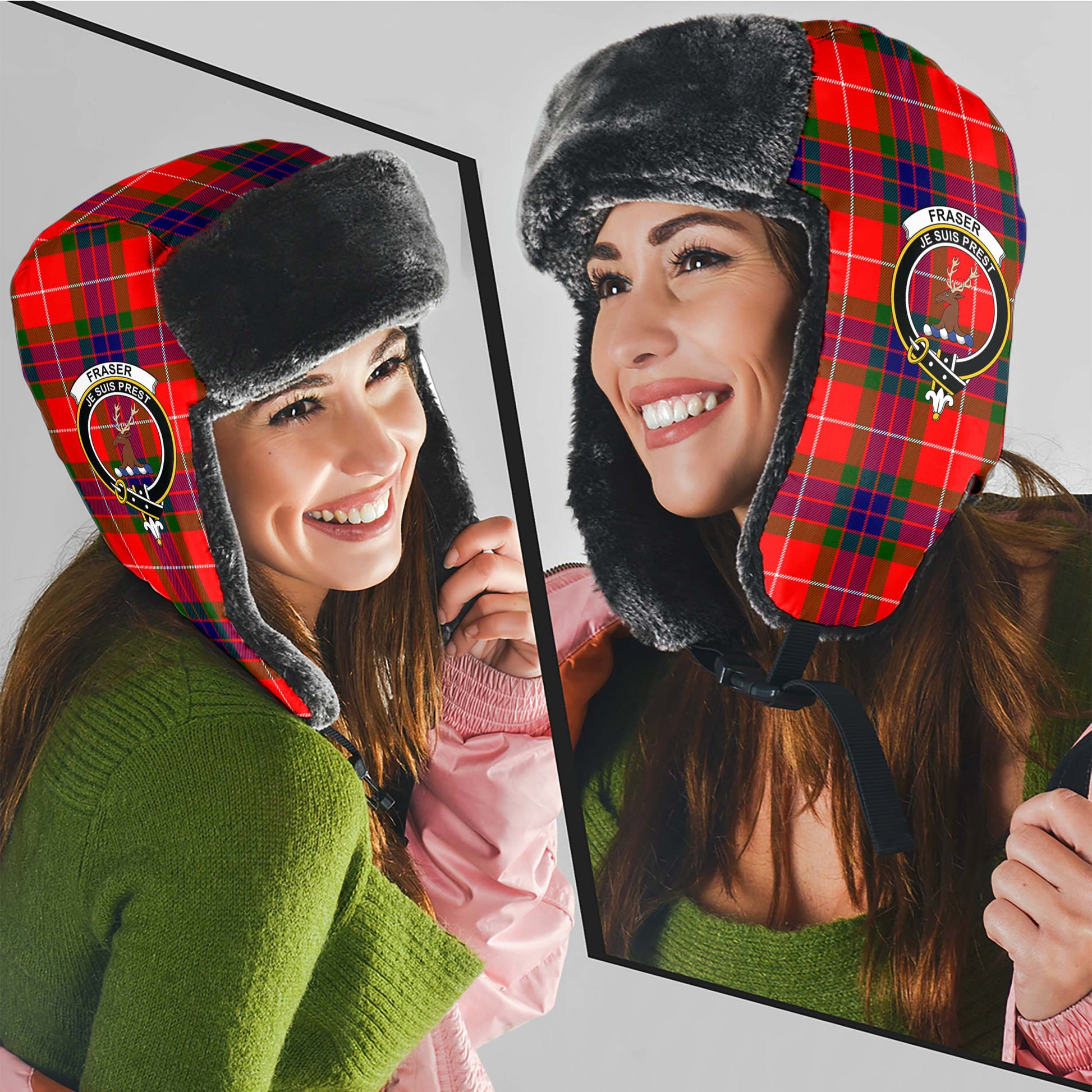 Fraser Modern Tartan Winter Trapper Hat with Family Crest - Tartanvibesclothing