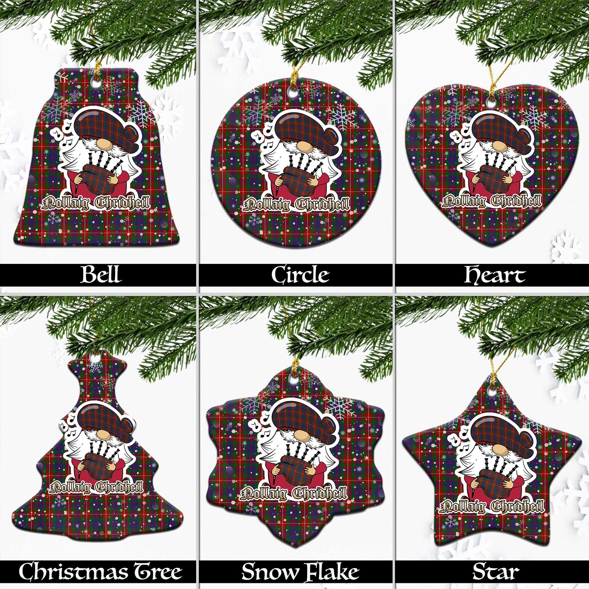 Fraser of Lovat Tartan Christmas Ornaments with Scottish Gnome Playing Bagpipes Ceramic - Tartanvibesclothing