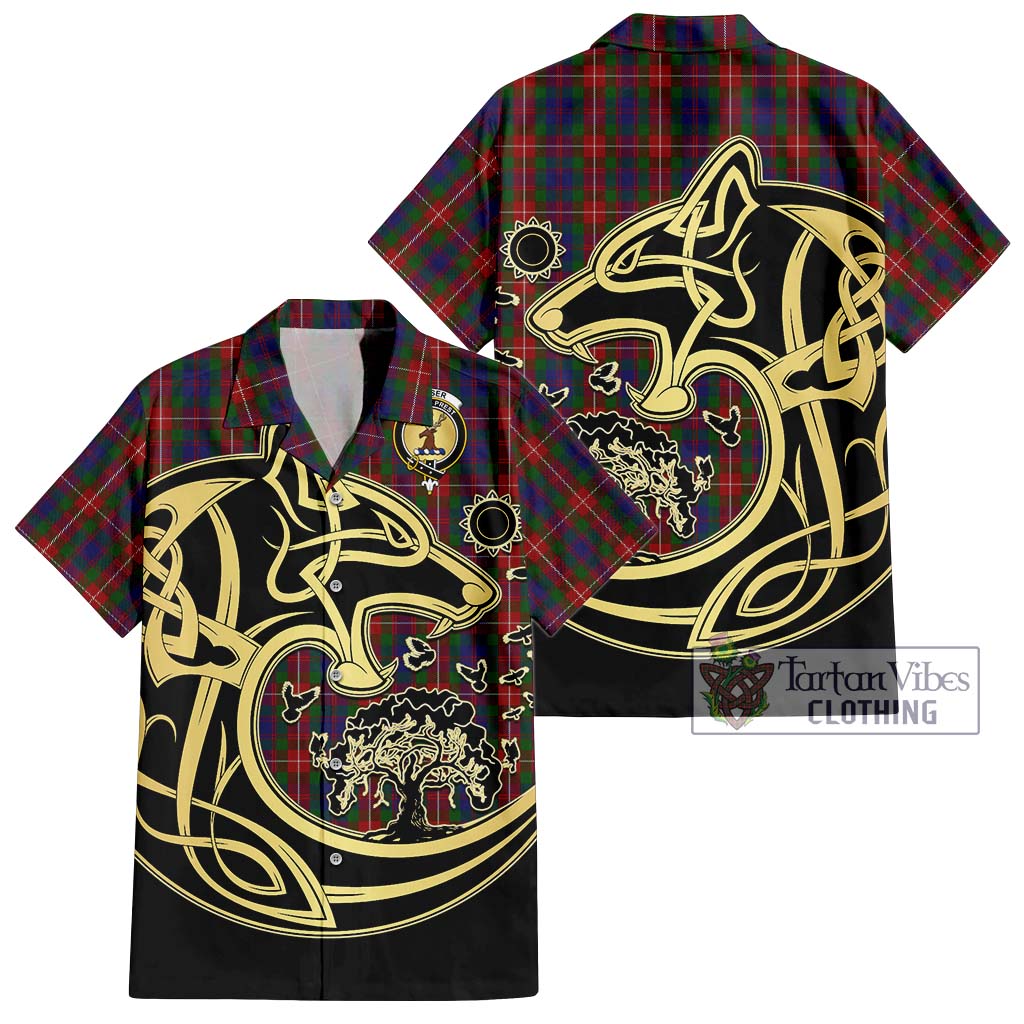 Tartan Vibes Clothing Fraser of Lovat Tartan Short Sleeve Button Shirt with Family Crest Celtic Wolf Style