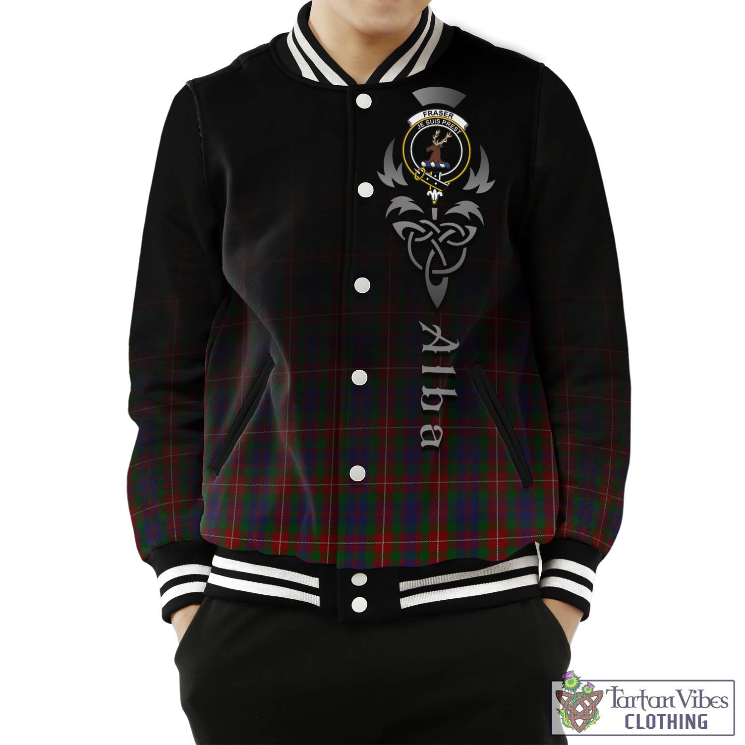 Tartan Vibes Clothing Fraser of Lovat Tartan Baseball Jacket Featuring Alba Gu Brath Family Crest Celtic Inspired