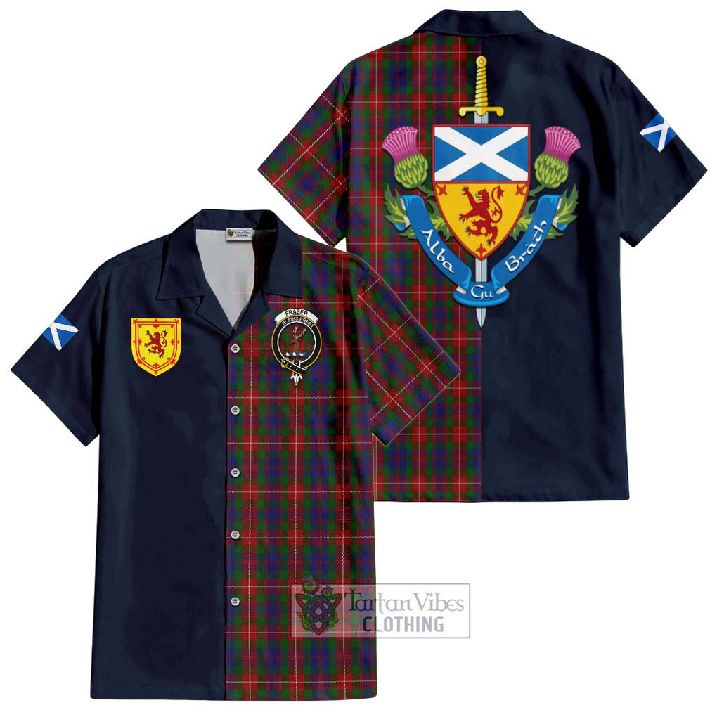 Tartan Vibes Clothing Fraser of Lovat Tartan Short Sleeve Button Shirt with Scottish Lion Royal Arm Half Style