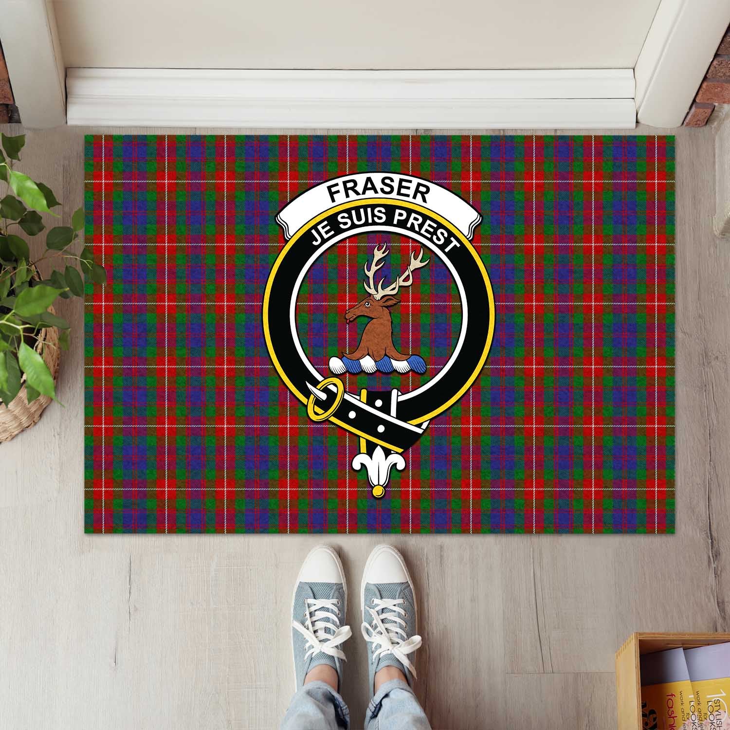 Fraser of Lovat Tartan Door Mat with Family Crest - Tartanvibesclothing