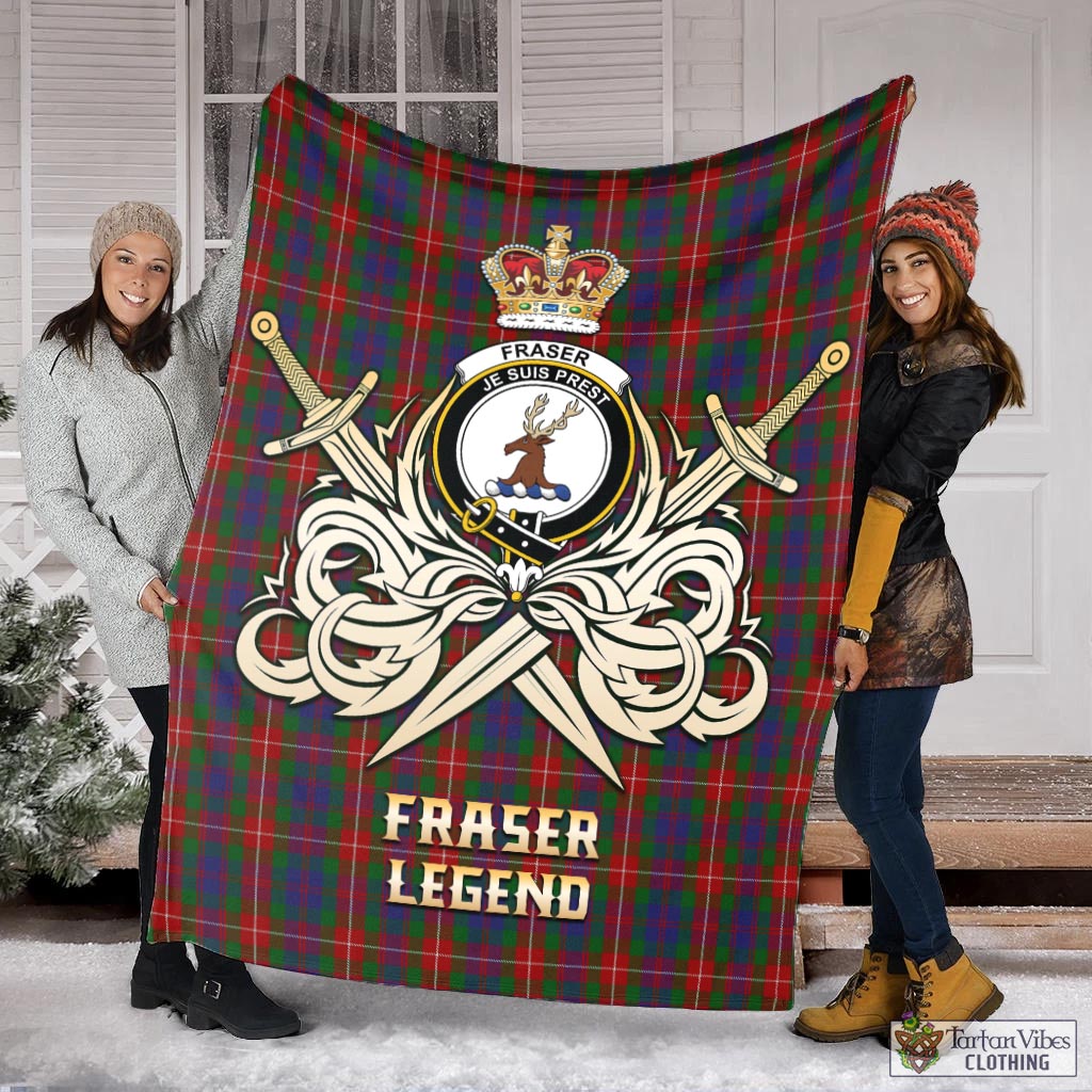 Tartan Vibes Clothing Fraser of Lovat Tartan Blanket with Clan Crest and the Golden Sword of Courageous Legacy