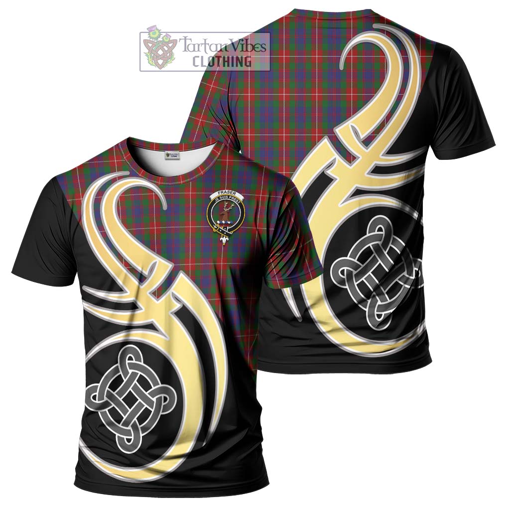 Tartan Vibes Clothing Fraser of Lovat Tartan T-Shirt with Family Crest and Celtic Symbol Style
