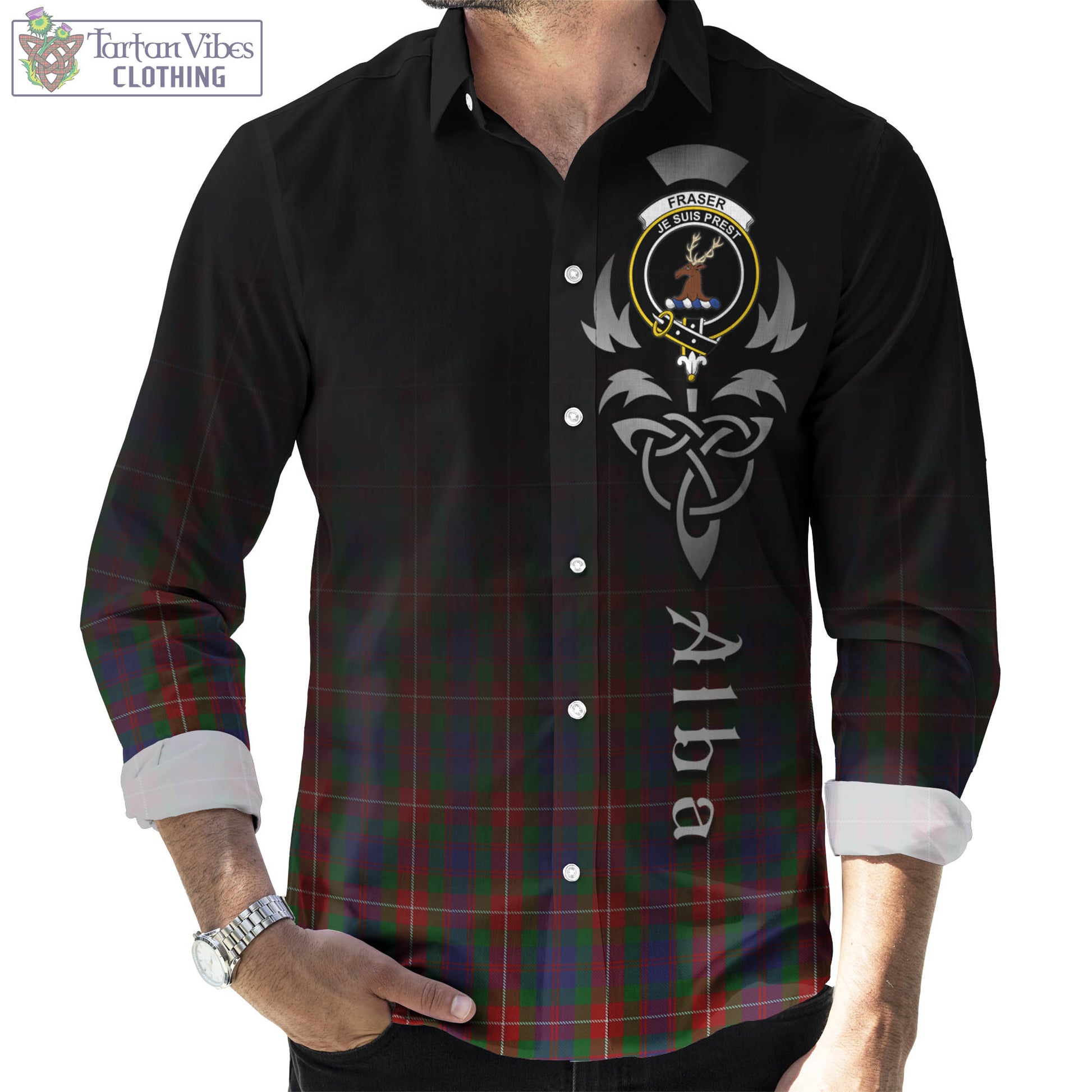 Tartan Vibes Clothing Fraser of Lovat Tartan Long Sleeve Button Up Featuring Alba Gu Brath Family Crest Celtic Inspired