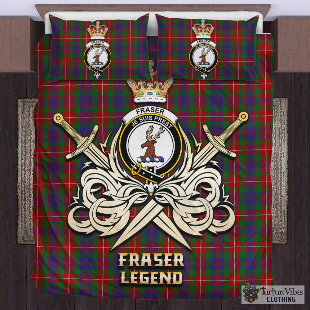 Tartan Vibes Clothing Fraser of Lovat Tartan Bedding Set with Clan Crest and the Golden Sword of Courageous Legacy