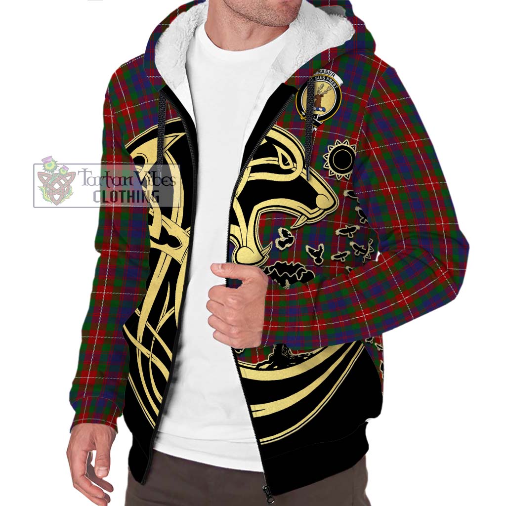 Tartan Vibes Clothing Fraser of Lovat Tartan Sherpa Hoodie with Family Crest Celtic Wolf Style