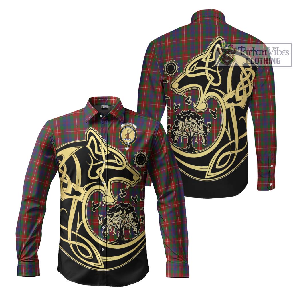 Tartan Vibes Clothing Fraser of Lovat Tartan Long Sleeve Button Shirt with Family Crest Celtic Wolf Style