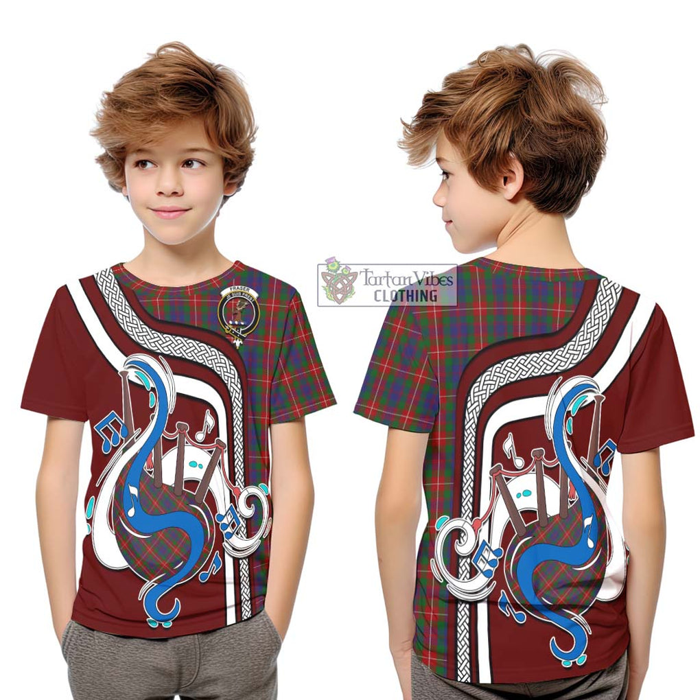 Tartan Vibes Clothing Fraser of Lovat Tartan Kid T-Shirt with Epic Bagpipe Style