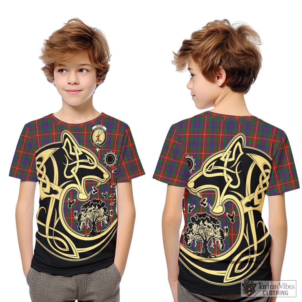 Tartan Vibes Clothing Fraser of Lovat Tartan Kid T-Shirt with Family Crest Celtic Wolf Style