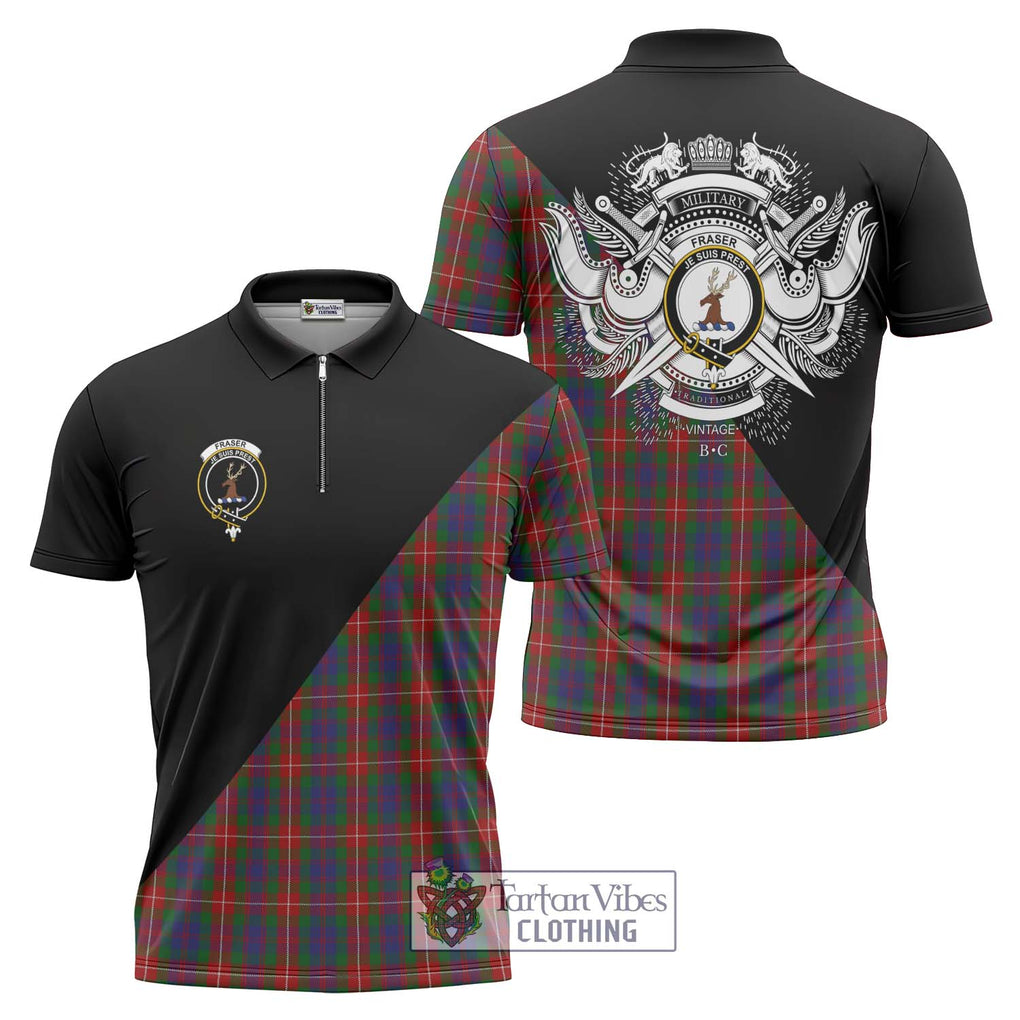 Fraser of Lovat Tartan Zipper Polo Shirt with Family Crest and Military Logo Style Unisex - Tartanvibesclothing Shop