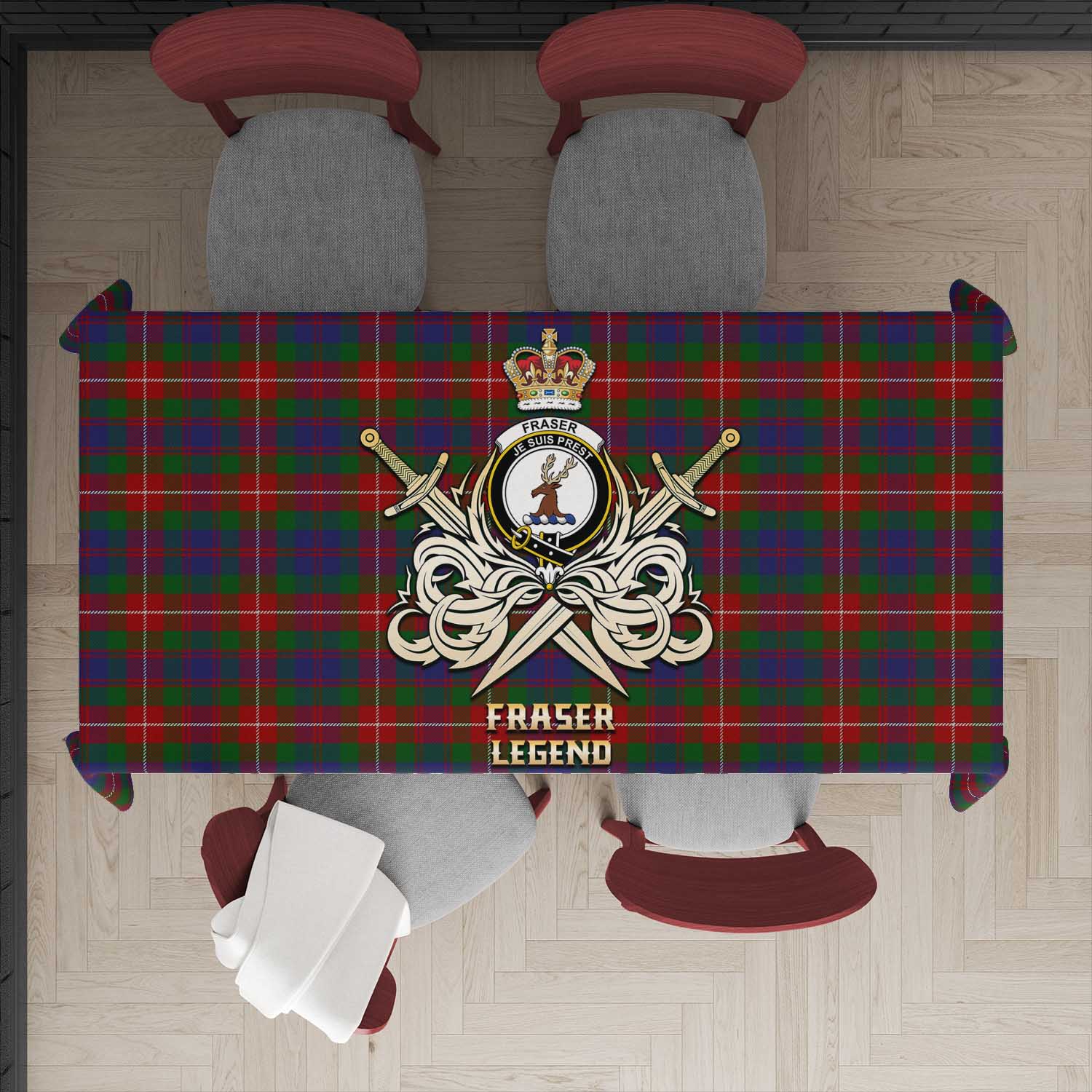 Tartan Vibes Clothing Fraser of Lovat Tartan Tablecloth with Clan Crest and the Golden Sword of Courageous Legacy