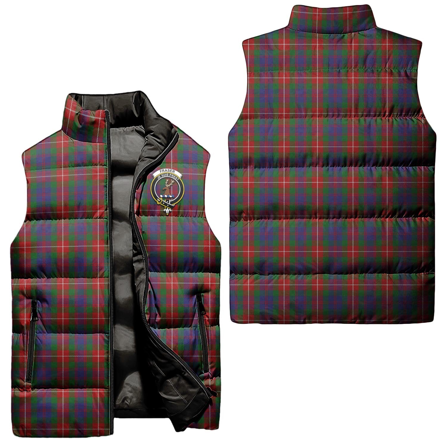 Fraser of Lovat Tartan Sleeveless Puffer Jacket with Family Crest Unisex - Tartanvibesclothing