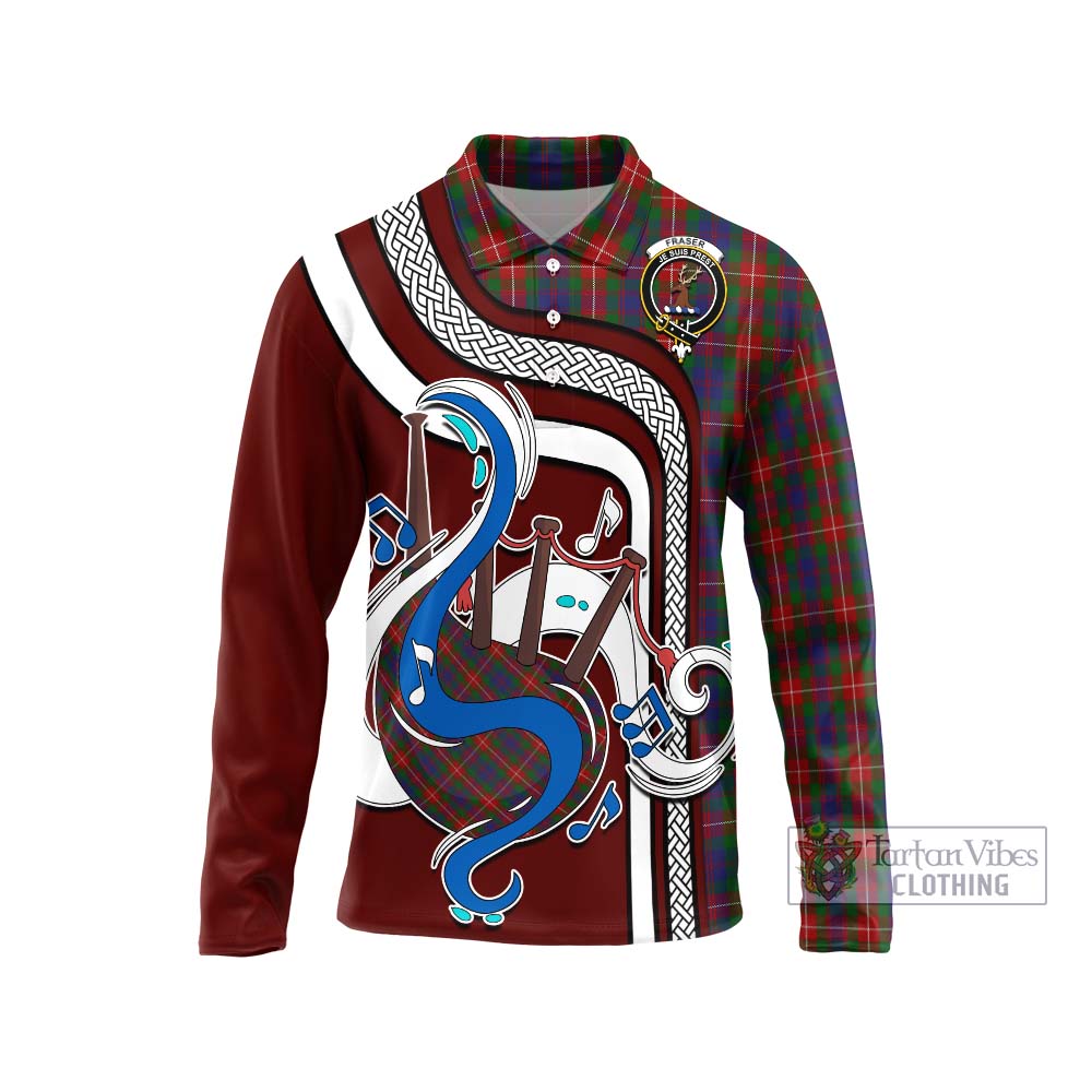 Tartan Vibes Clothing Fraser of Lovat Tartan Long Sleeve Polo Shirt with Epic Bagpipe Style