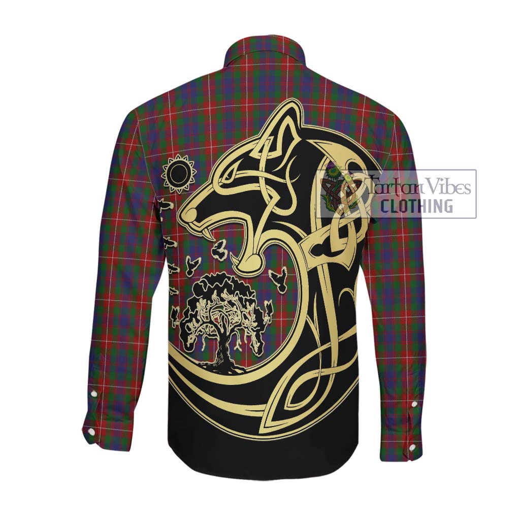 Tartan Vibes Clothing Fraser of Lovat Tartan Long Sleeve Button Shirt with Family Crest Celtic Wolf Style