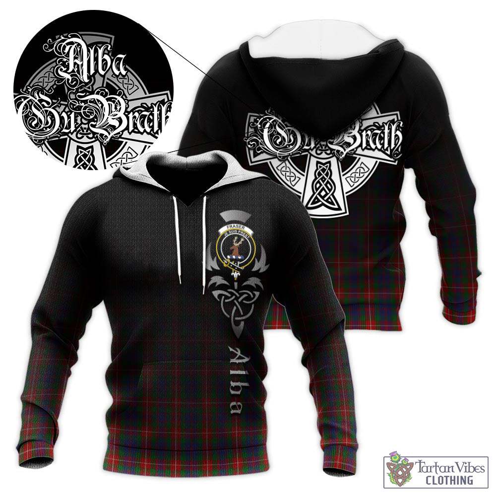 Tartan Vibes Clothing Fraser of Lovat Tartan Knitted Hoodie Featuring Alba Gu Brath Family Crest Celtic Inspired