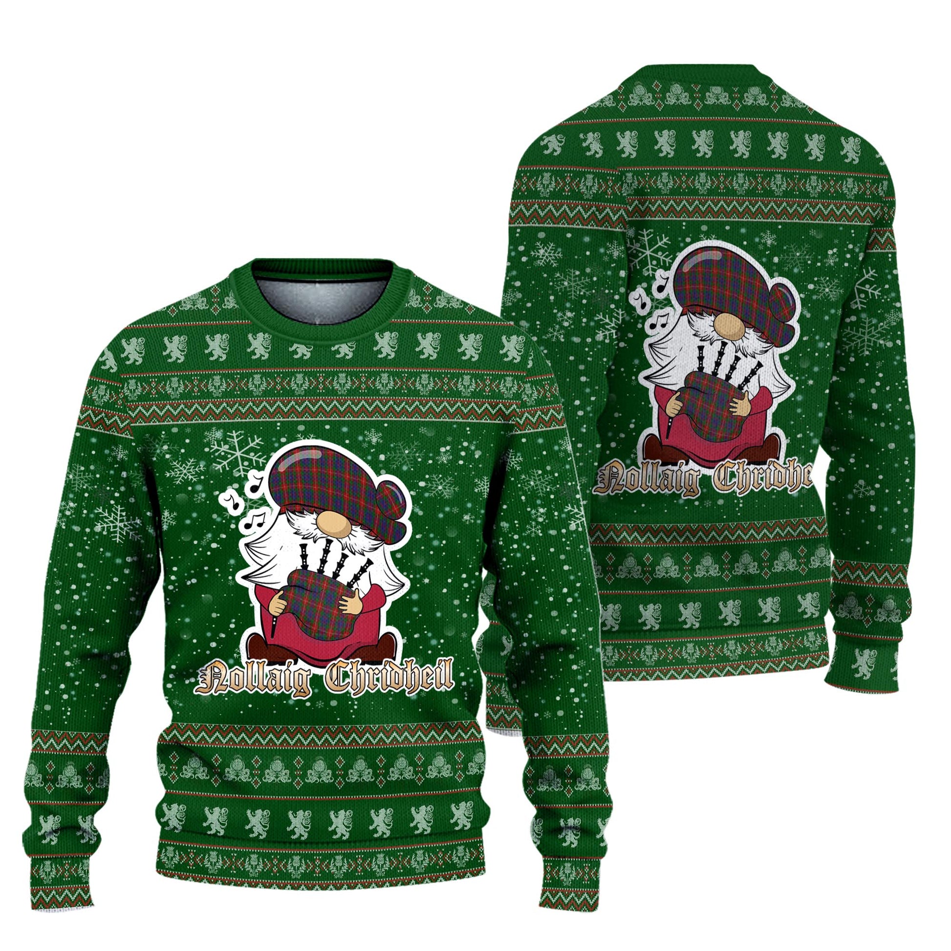 Fraser of Lovat Clan Christmas Family Knitted Sweater with Funny Gnome Playing Bagpipes Unisex Green - Tartanvibesclothing