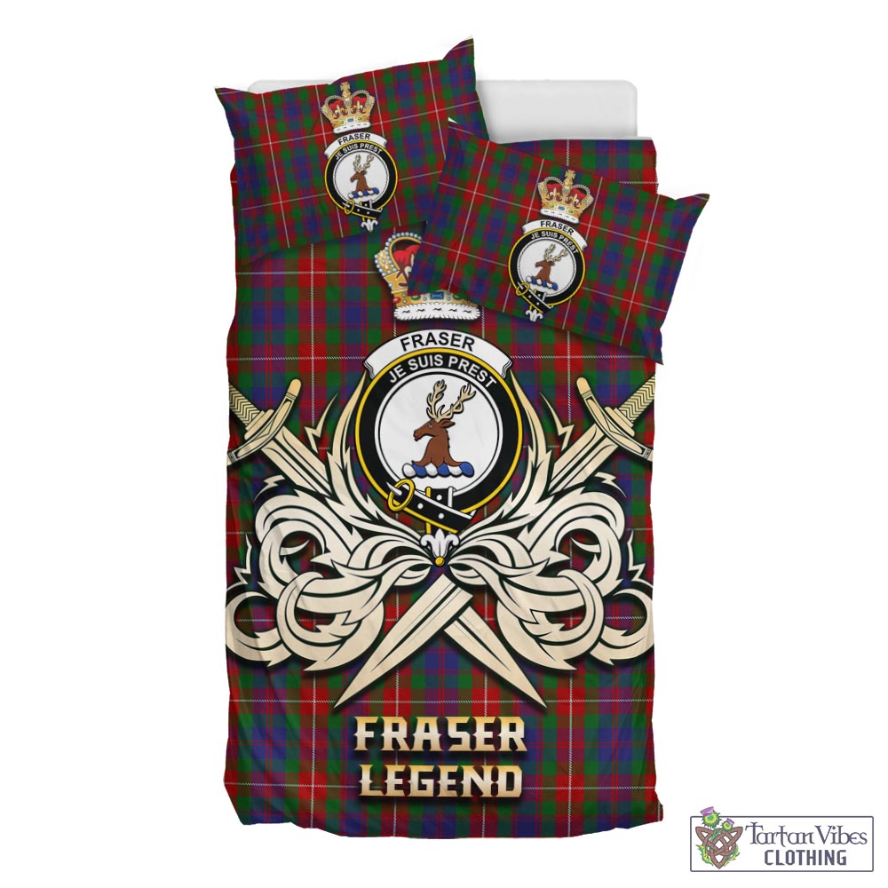 Tartan Vibes Clothing Fraser of Lovat Tartan Bedding Set with Clan Crest and the Golden Sword of Courageous Legacy