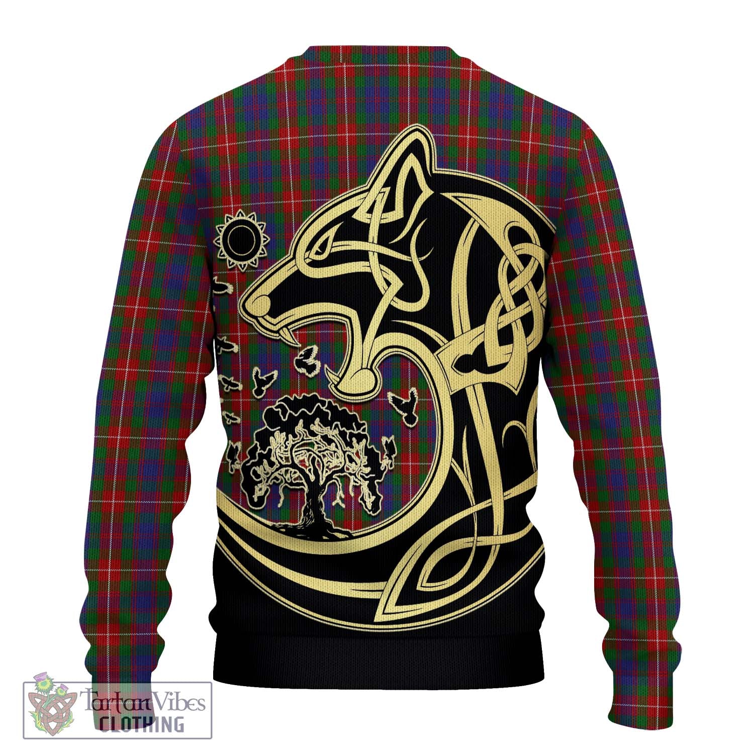 Tartan Vibes Clothing Fraser of Lovat Tartan Knitted Sweater with Family Crest Celtic Wolf Style