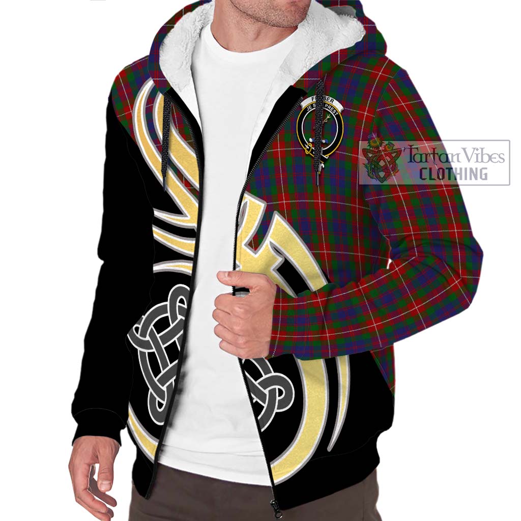 Fraser of Lovat Tartan Sherpa Hoodie with Family Crest and Celtic Symbol Style - Tartan Vibes Clothing