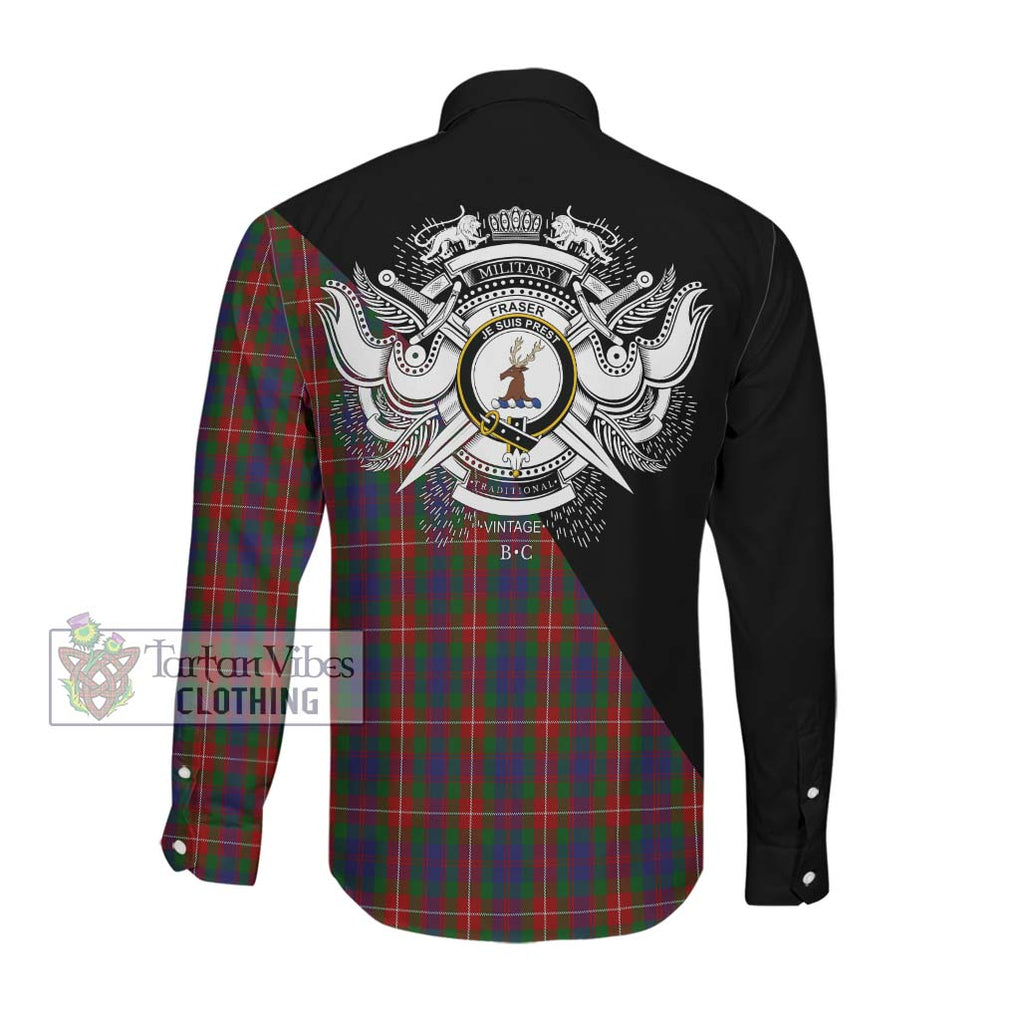 Fraser of Lovat Tartan Long Sleeve Button Shirt with Family Crest and Military Logo Style Men's Shirt - Tartanvibesclothing Shop