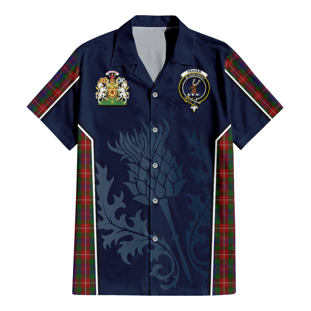 Tartan Vibes Clothing Fraser of Lovat Tartan Short Sleeve Button Up Shirt with Family Crest and Scottish Thistle Vibes Sport Style