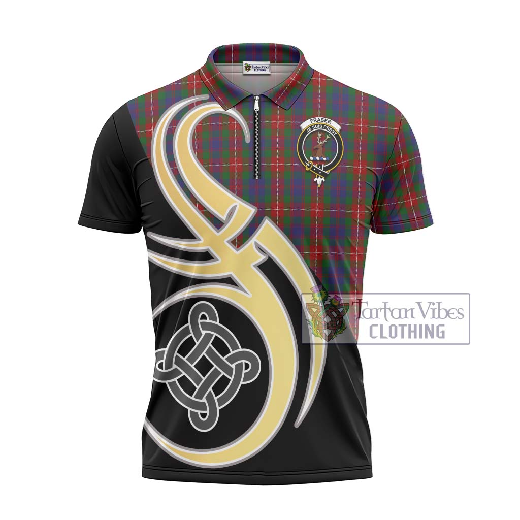 Tartan Vibes Clothing Fraser of Lovat Tartan Zipper Polo Shirt with Family Crest and Celtic Symbol Style