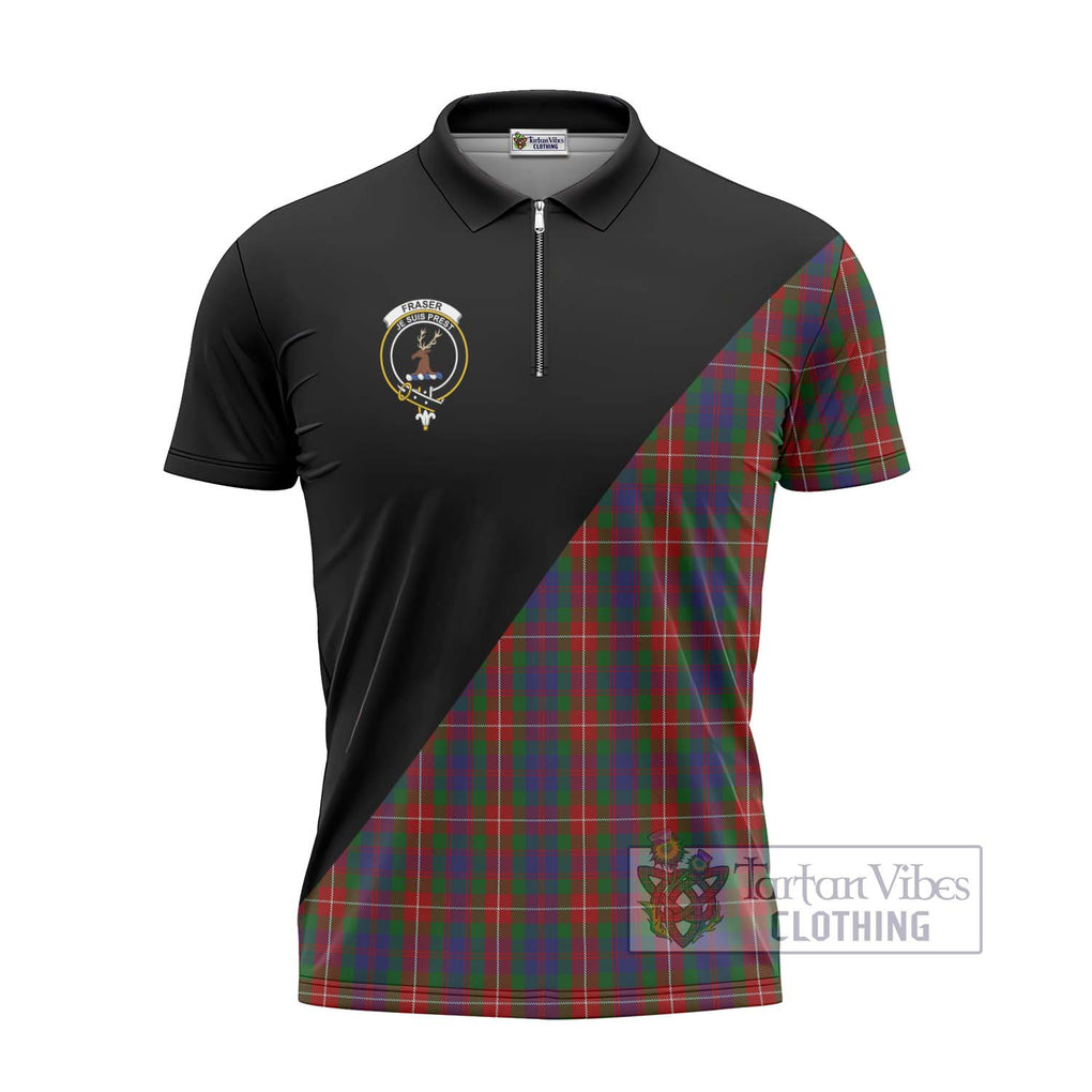 Fraser of Lovat Tartan Zipper Polo Shirt with Family Crest and Military Logo Style - Tartanvibesclothing Shop