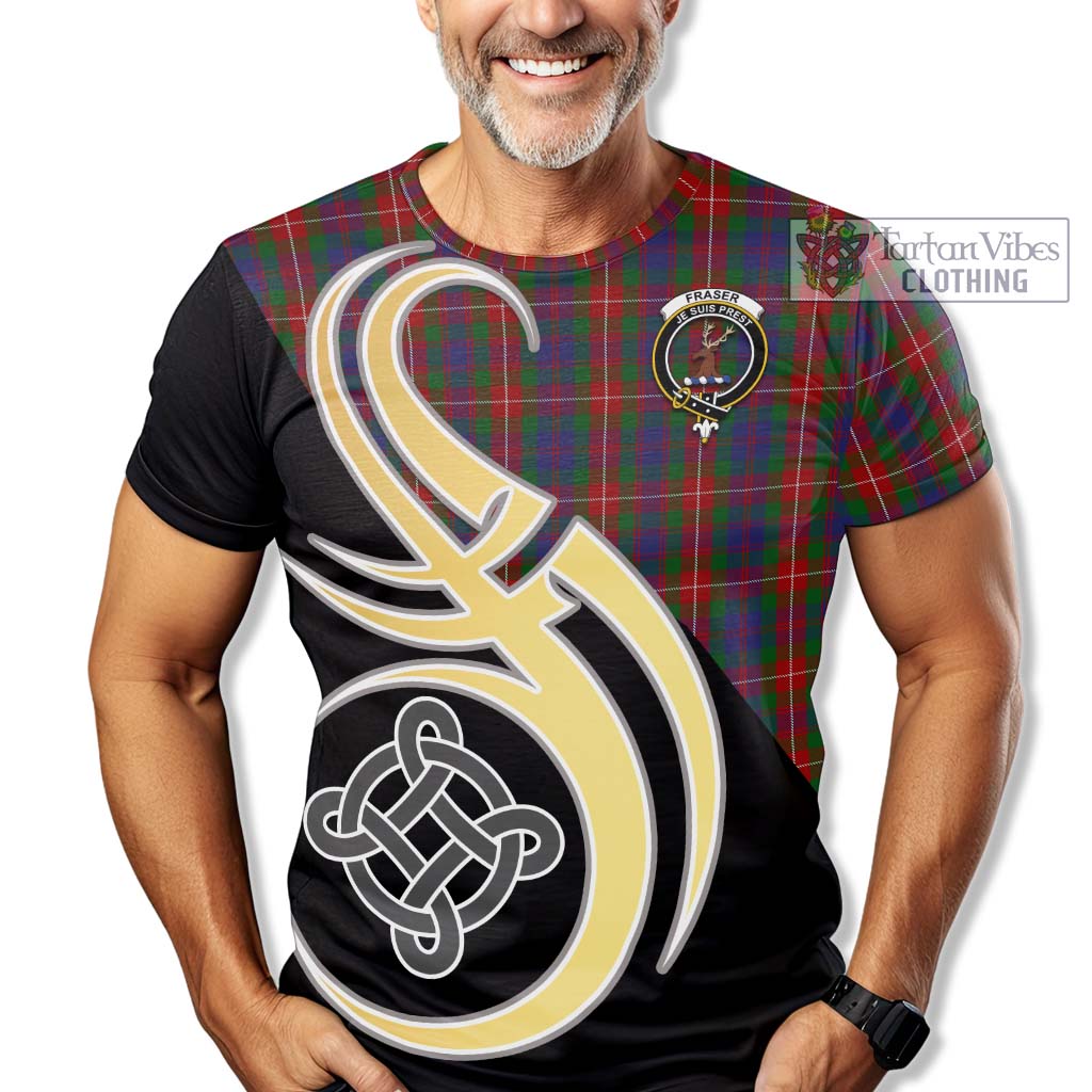 Tartan Vibes Clothing Fraser of Lovat Tartan T-Shirt with Family Crest and Celtic Symbol Style