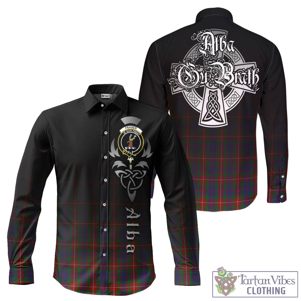 Tartan Vibes Clothing Fraser of Lovat Tartan Long Sleeve Button Up Featuring Alba Gu Brath Family Crest Celtic Inspired