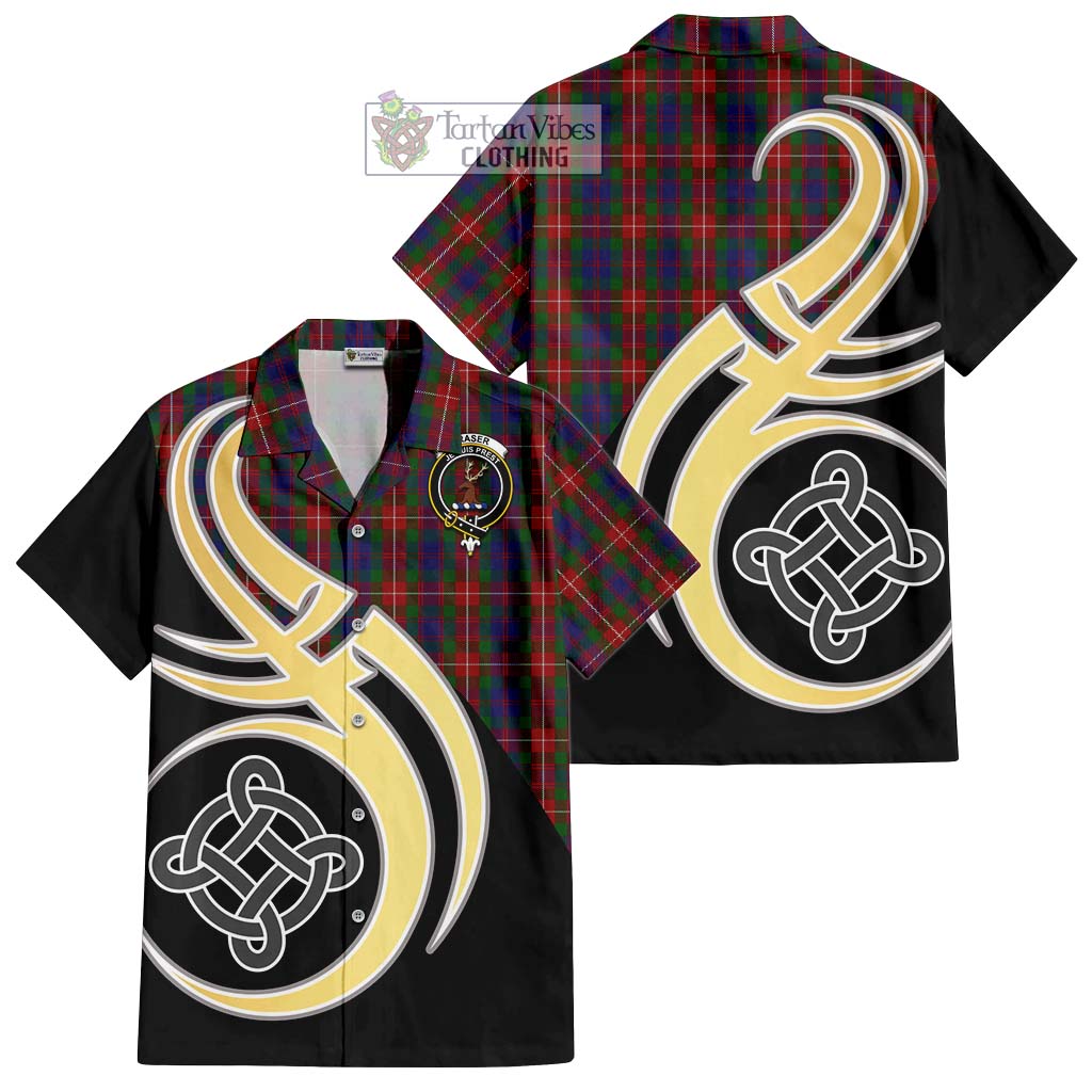 Fraser of Lovat Tartan Short Sleeve Button Shirt with Family Crest and Celtic Symbol Style - Tartan Vibes Clothing